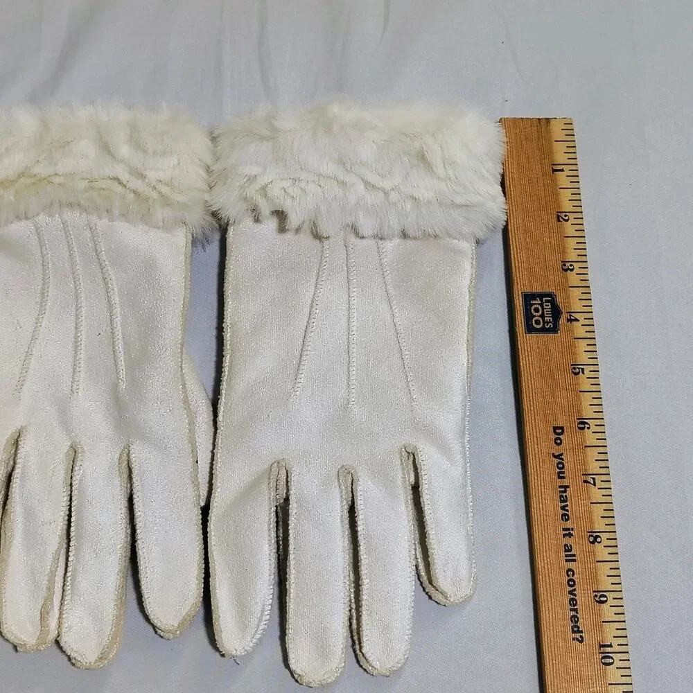 Coldwater Creek Ivory Faux Suede Faux Fur Trim Lined Gloves L Old Money Mob Wife